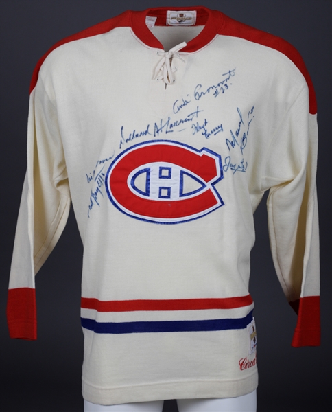 Montreal Canadiens Multi-Signed CCM Heritage Circa 1960 Jersey by 7 Former Players Including Deceased HOFers Beliveau and Moore