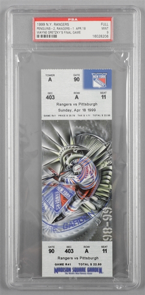 Wayne Gretzky New York Rangers April 18th 1999 Final NHL Game Full Ticket - PSA-Graded Mint 9 - Highest Graded!