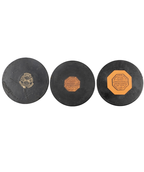 1931-42 Spalding Official NHL Game Puck, 1942-40 Art Ross NHL Game Puck and 1950-58 Art Ross NHL Game Puck
