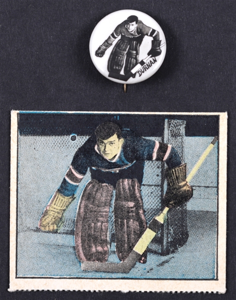 Bill Durnan 1948 Montreal Canadiens Pep Cereal Pin and 1951 Berk Ross "Hit Parade of Champions" Rookie Card