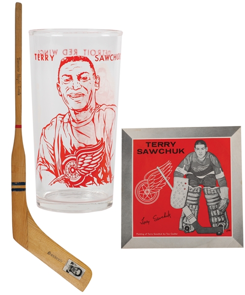 1961-62 Terry Sawchuk Detroit Red Wings York Peanut Butter Glass, Mid-1960s Maple Leafs Souvenir Mini-Stick and More!