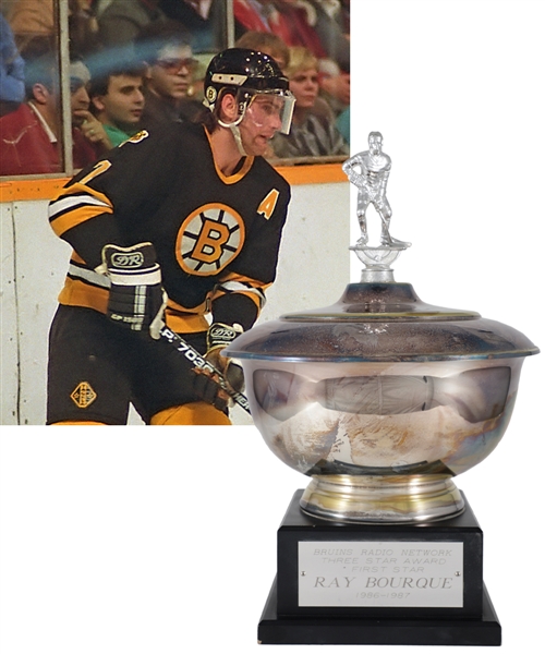 Ray Bourques 1986-87 "Bruins Radio Network Three Star Award" First Star Trophy with His Signed LOA (16")