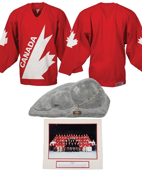 Ray Bourques 1987 Canada Cup Jersey, 1987 Team Canada Official Team Photo and Large Canada Cup Inuit Soapstone Carving with His Signed LOA