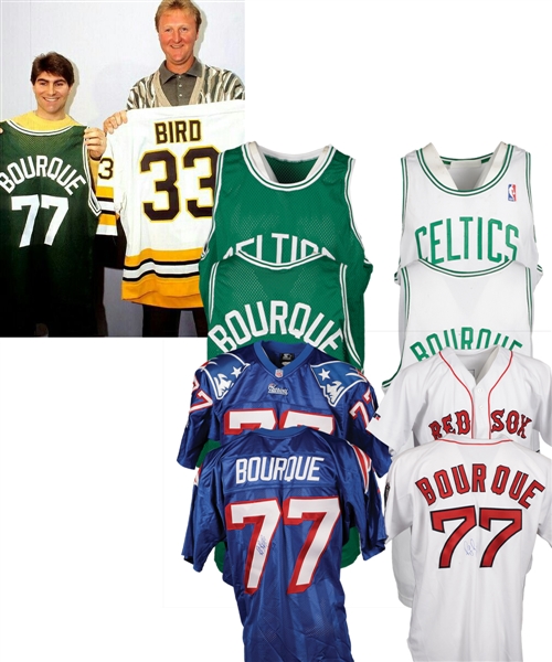 Ray Bourques New England Patriots, Boston Red Sox and Boston Celtics (2) Signed Ceremonial Jerseys with His Signed LOA