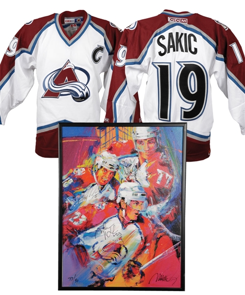 Bourque, Hejduk and Deadmarsh Triple-Signed Framed Limited-Edition Print on Canvas #77/90 and Joe Sakic Signed Jersey From Ray Bourques Collection with His Signed LOA