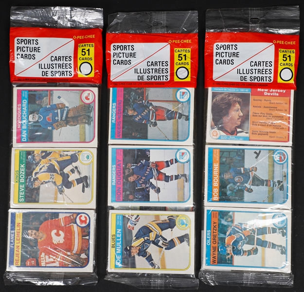 1982-83 O-Pee-Chee Hockey Unopened Rack Packs (3) with Visible Cards of Wayne Gretzky, Joe Mullen RC and Grant Fuhr RC 