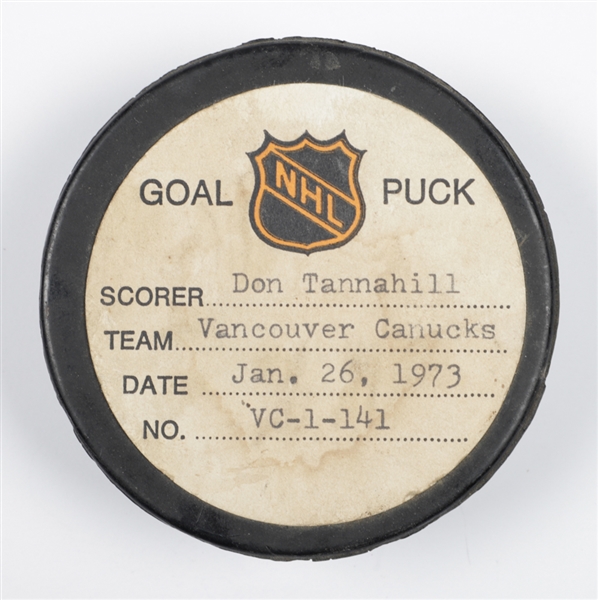 Don Tannahills Vancouver Canucks January 26th 1973 Goal Puck from the NHL Goal Puck Program