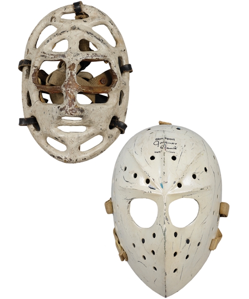 Fibrosport 1960s and 1970s Hockey Goalie Mask Collection of 2 Including Pretzel Goalie Mask - Jacques Plantes Company!