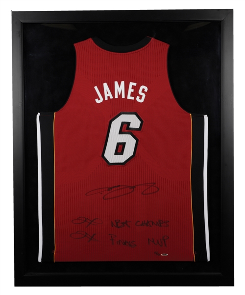 LeBron James Signed Miami Heat Limited-Edition Framed Alternate Jersey #6/13 with UDA COA (32 ½” X 40 ½”) - "2X NBA Champ & 2X Finals MVP" Annotations