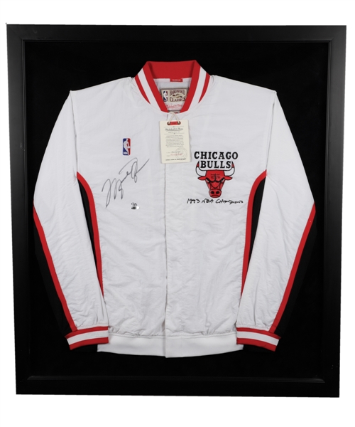 Michael Jordan Signed Chicago Bulls Framed Limited-Edition 1993 NBA Champs Warm-Up Jacket #1/23 with UDA COA (35 ½” x 39 ½”) 