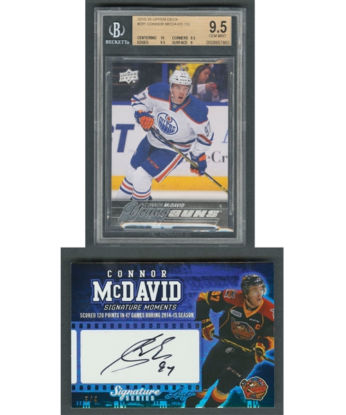 2015-16 Upper Deck Young Guns #201 Connor McDavid RC (Graded BGS 9.5) and 2015-16 Leaf ITG #CMD-4 Connor McDavid Signature Moments Signed Limited-Edition Card #3/4
