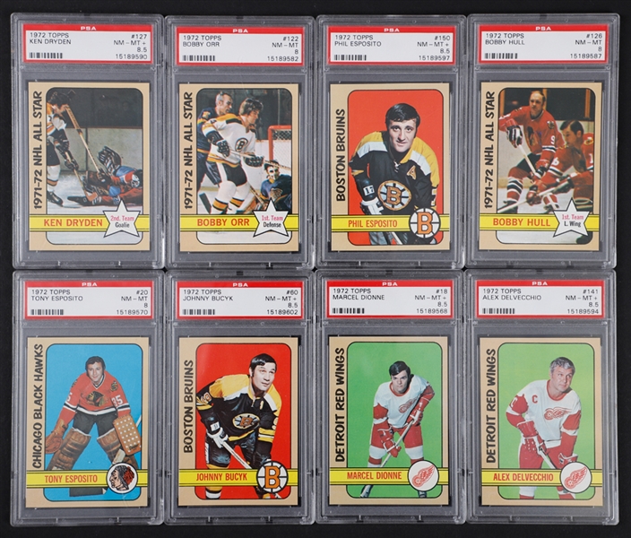 1972-73 Topps Hockey PSA-Graded 8 and 8.5 Cards (14) Including Orr, Hull and Dryden Plus 1985-86 O-Pee-Chee PSA-Graded 9 Cards (17) and Other Cards