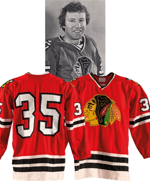 Tony Espositos 1976-77 Chicago Black Hawks Game-Worn Durene Jersey from the Michael Wexler Collection - Team Repairs! - Photo-Matched!