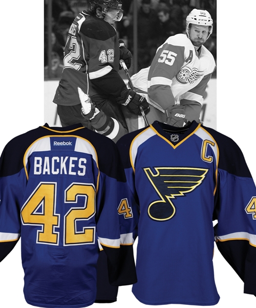 David Backes 2011-12 St. Louis Blues Game-Worn Captains Jersey - Team Repairs! - Photo-Matched!