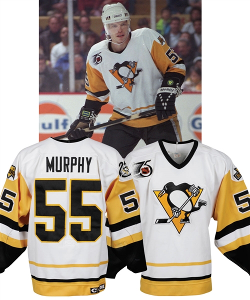 Larry Murphys 1991-92 Pittsburgh Penguins Game-Worn Jersey - Badger, Penguins 25th and NHL 75th Patches! - 15+ Team Repairs! - Photo-Matched!
