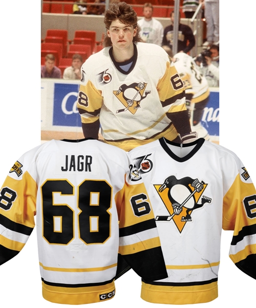 Jaromir Jagrs 1991-92 Pittsburgh Penguins Game-Worn Jersey - Stanley Cup Championship Season! - Badger, Penguins 25th and NHL 75th Patches! - Photo-Matched!