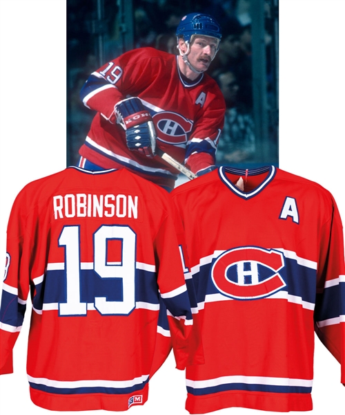 Larry Robinson’s 1985-86 Montreal Canadiens Game-Worn Alternate Captain’s Jersey with LOAs from the Michael Wexler Collection - 25+ Team Repairs! - Photo-Matched to Stanley Cup Finals!