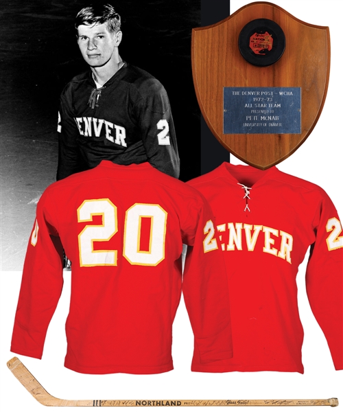 WCHA Denver Pioneers Late-1960s Game-Worn Jersey, Late-1960s Team-Signed Game-Used Stick Attributed to Keith Magnuson and Pete McNabs 1972-73 WCHA All-Star Team Plaque