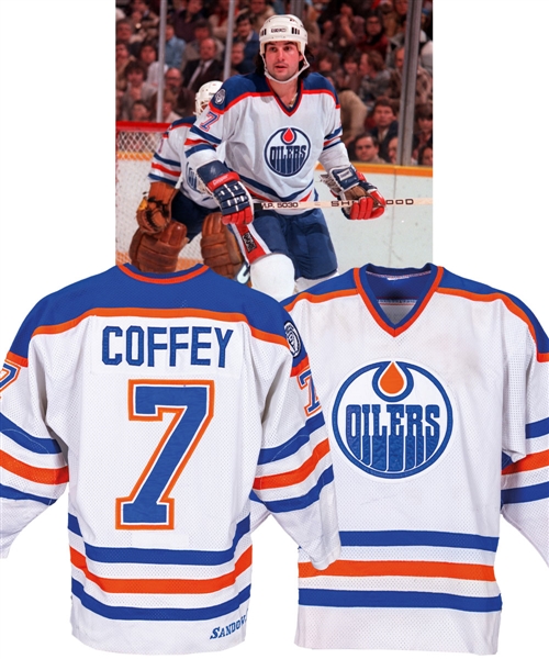 Paul Coffeys 1981-82 Edmonton Oilers Game-Worn Jersey from the Michael Wexler Collection - Numerous Team Repairs! - Photo-Matched!