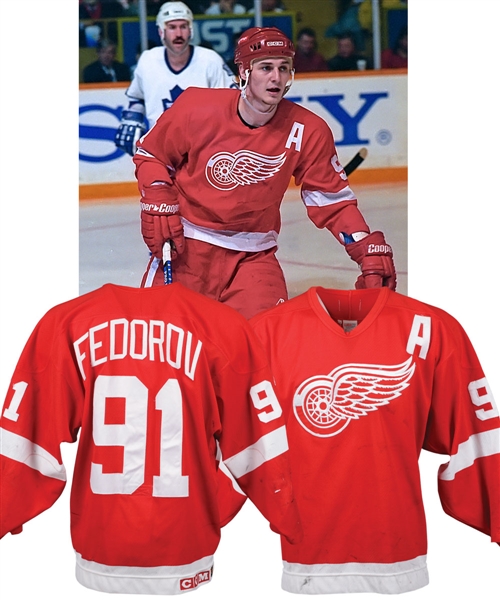 Sergei Fedorovs 1994-95 Detroit Red Wings Game-Worn Alternate Captains Jersey - Team Repairs! - Photo-Matched!
