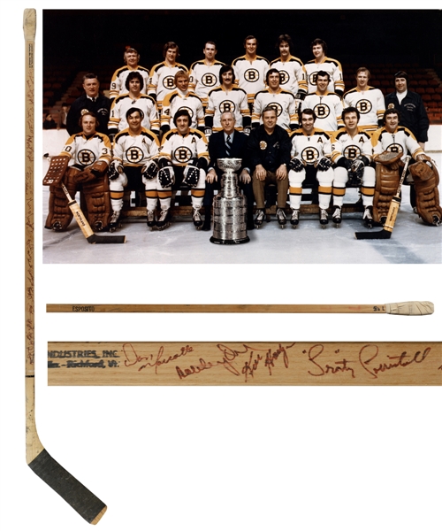 Phil Espositos 1971-72 Stanley Cup Champions Boston Bruins Game-Used Team-Signed Stick from Don Marcottes Collection with His Signed LOA
