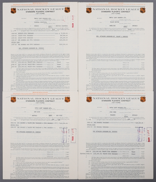 Toronto Maple Leafs 1980s Official NHL Contracts and Documents (6) of Courtnall, Bester, Crha and Luce Including Signatures of Deceased HOFers Punch Imlach and John Ziegler