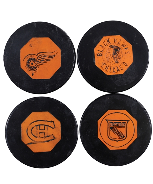Red Wings, Black Hawks, Rangers and Canadiens 1958-67 "Original Six" Art Ross NHL Game Pucks (4)