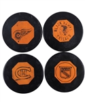 Red Wings, Black Hawks, Rangers and Canadiens 1958-67 "Original Six" Art Ross NHL Game Pucks (4)