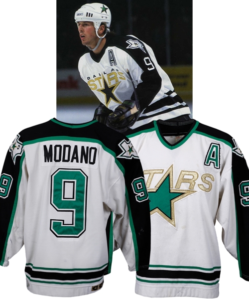 Mike Modanos 1993-94 Dallas Stars Inaugural Season Game-Worn Alternate Captains Jersey with LOA - Team Repairs! - 50-Goal Season! - Photo-Matched! - Video-Matched!