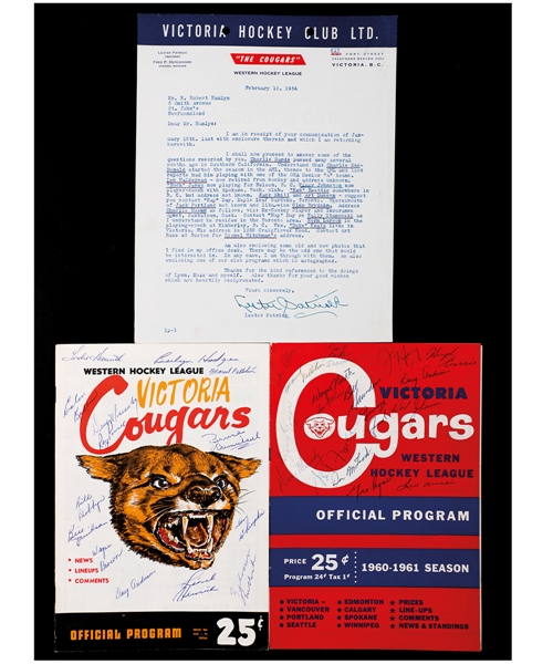 WHL Victoria Cougars 1950s Autograph Collection Including Team-Signed Programs (4) and Signed Team Letterheads (3) from the E. Robert Hamlyn Collection - Includes Lester Patrick Signatures (2)