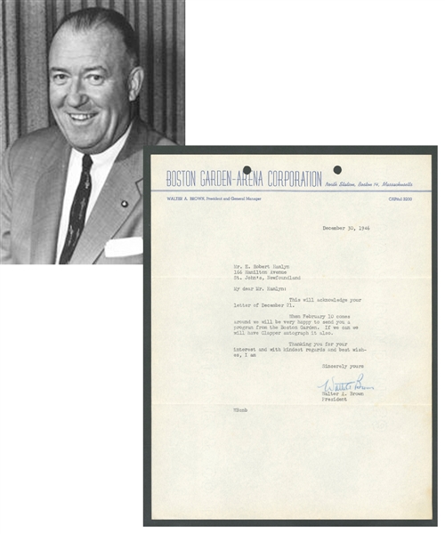 Deceased HOFer Walter A. Brown Signed 1946 Typed Letter on Boston Garden Letterhead from the E. Robert Hamlyn Collection