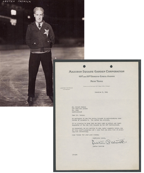 Deceased HOFer Lester Patrick (New York Rangers) Signed 1941 Madison Square Garden Letterhead from the E. Robert Hamlyn Collection