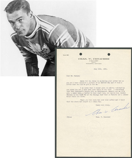Deceased HOFer Charlie "Chas" Conacher (Toronto Maple Leafs - NY Americans) Signed 1954 Letter from the E. Robert Hamlyn Collection