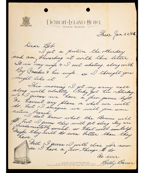 Deceased HOFer Bobby Bauer Boston Bruins Signed 1942 Letter from the E. Robert Hamlyn Collection