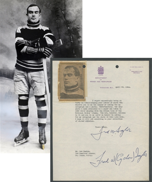 Deceased HOFer Fred "Cyclone" Taylor (Portage Lake Hockey Club - Ottawa Senators - Renfrew Hockey Club - Vancouver Millionaires) Double-Signed 1944 Letter from the E. Robert Hamlyn Collection