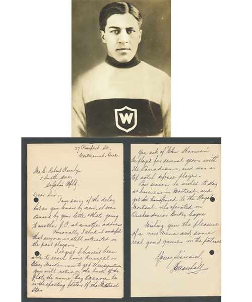 Deceased HOFer John "Jack" Marshall (Montreal AAA - Montreal Wanderers - Toronto Blueshirts) Signed Letter from the E. Robert Hamlyn Collection
