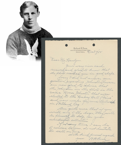 Deceased HOFer Richard "Dickie" Boon (Montreal AAA - Montreal Wanderers) Signed 1952 Letter from the E. Robert Hamlyn Collection