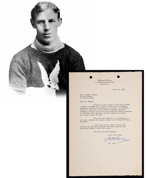 Deceased HOFer Richard "Dickie" Boon (Montreal AAA - Montreal Wanderers) Signed 1953 Letter from the E. Robert Hamlyn Collection