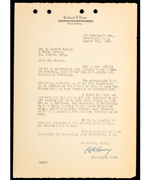 Deceased HOFer Richard "Dickie" Boon (Montreal AAA - Montreal Wanderers) Signed 1959 Letter from the E. Robert Hamlyn Collection