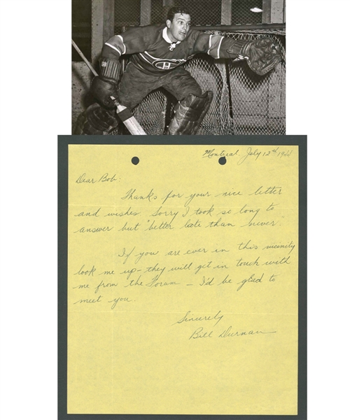 Deceased HOFer Bill Durnan (Montreal Canadiens) Signed 1944 Rookie Season Letter from the E. Robert Hamlyn Collection