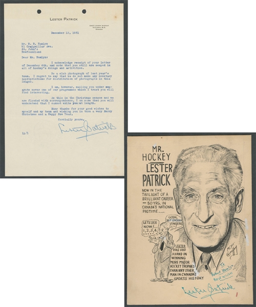 Deceased HOFer Lester Patrick Signed 1951 Letter and Signed Original Artwork from the E. Robert Hamlyn Collection