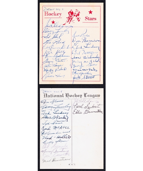 Detroit Red Wings 1944-45 and 1948-49 Team-Signed Sheets with Numerous Deceased HOFers Including Adams, Syd Howe, Gordie Howe, Seibert, Stewart and Others from the E. Robert Hamlyn Collection