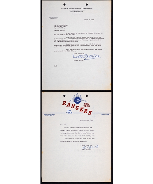 New York Rangers 1948 to 1967 Signed Letterhead Collection of 10 Including Signed Examples from Deceased HOFers Lester Patrick and Neil Colville from the E. Robert Hamlyn Collection