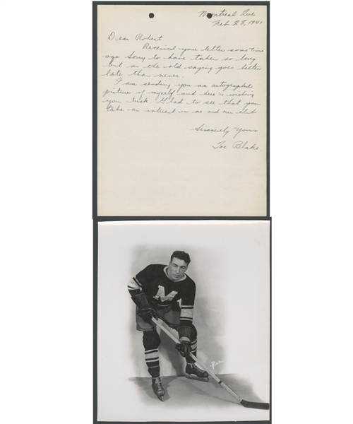 Deceased HOFer Hector "Toe" Blake (Montreal Canadiens) Signed 1941 Letter Plus Montreal Maroons Rice Studios Photo from the E. Robert Hamlyn Collection
