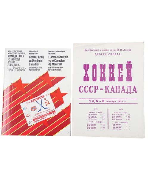 1972 Canada-Russia Series Program from Moscow, 1974 WHA Canada-Russia Series Programs (2), 1975 Canadiens vs Red Army Program & Ticket Stub and 1972 Team Canada Watch
