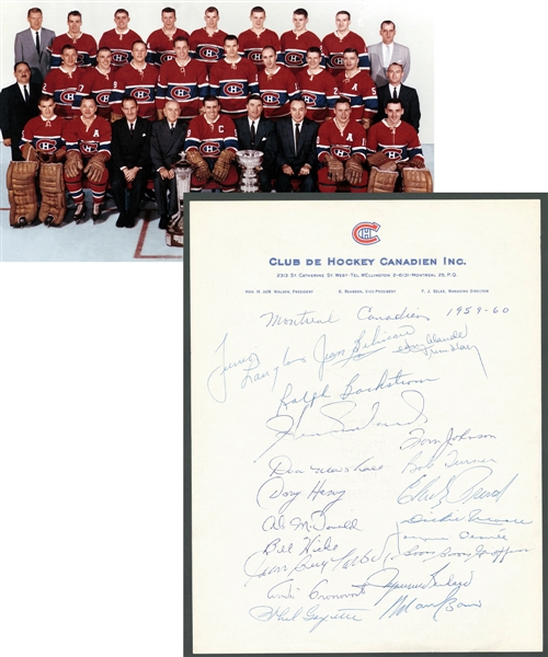Montreal Canadiens 1959-60 Stanley Cup Champions Team-Signed Letter by 20 on Canadiens Letterhead Including Deceased HOFers Rocket Richard, Plante, Harvey and Others - 5th Stanley Cup in a Row!