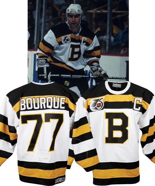 Ray Bourques 1991-92 Boston Bruins "Turn Back the Clock" Signed Game-Worn Jersey with His Signed LOA - 75th Patch!
