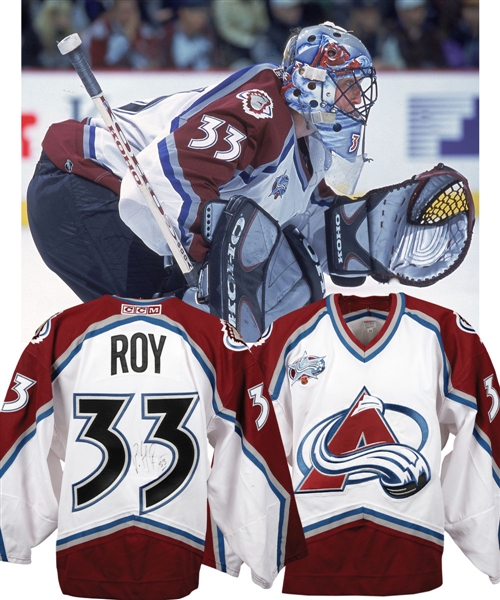 Patrick Roys 2000-01 Colorado Avalanche Signed Game-Worn Playoffs Jersey from Ray Bourques Collection with His Signed LOA - Stanley Cup Championship Season! - Photo-Matched!