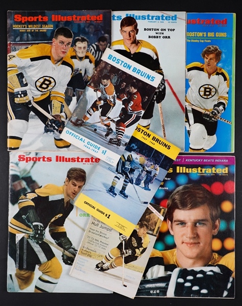 Boston Bruins and Bobby Orr Collection Including 1966-67 and 1967-68 Media Guides, Sports Illustrated Magazines (5) and More Plus 1990s Hockey Card Insert Sets (3) & Photos of Bee Hive Pictures (900+)