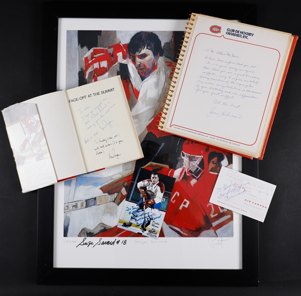 Ken Dryden Double-Signed 1973 "Face-Off at the Summit" Book, Serge Savard Signed Limited-Edition Framed Lithograph, Canadiens Mid-1970s Postcard Set and More!